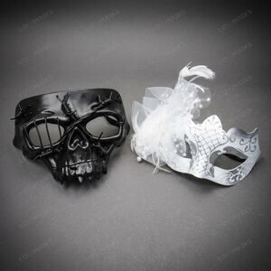 Black Skull and White Feather Lace Masquerade Halloween Party mask